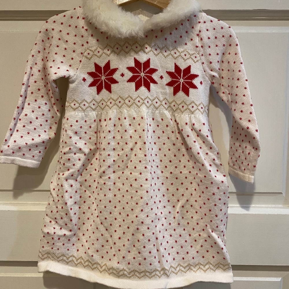 Janie & Jack Snowflake Lane Faux Fur Collar Fair Isle Ivory Sweater Dress 18-24M